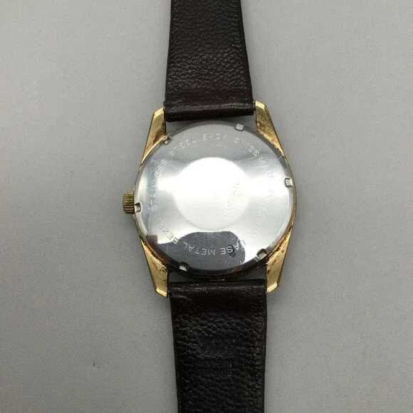 Vintage Waltham Mens Watch 34mm Self Winding Date Brown Leather Incabloc 17J